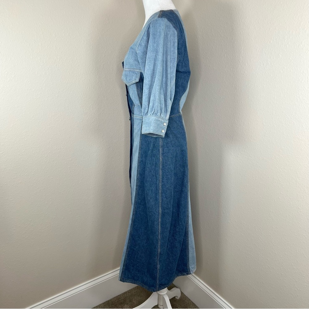GANNI Cutline Bleach Two-Tone Blue Denim Organic Cotton Midi Dress EU 38 US6 - Picture 9 of 16